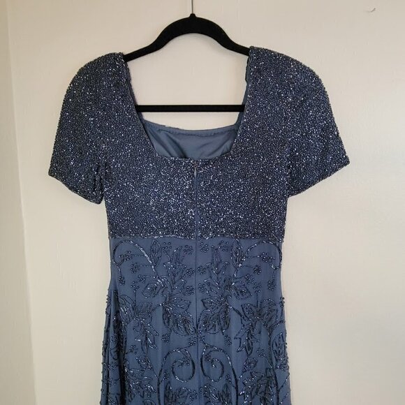Sean Collection Beaded Long Gown Short Sleeve High Waist Blue Gray Dress Size Sm - Picture 8 of 15